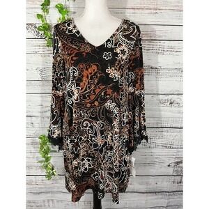 Nina Leonard Tunic Dress sz Small Black Brown Paisley Lace Boho Wedding Dinner